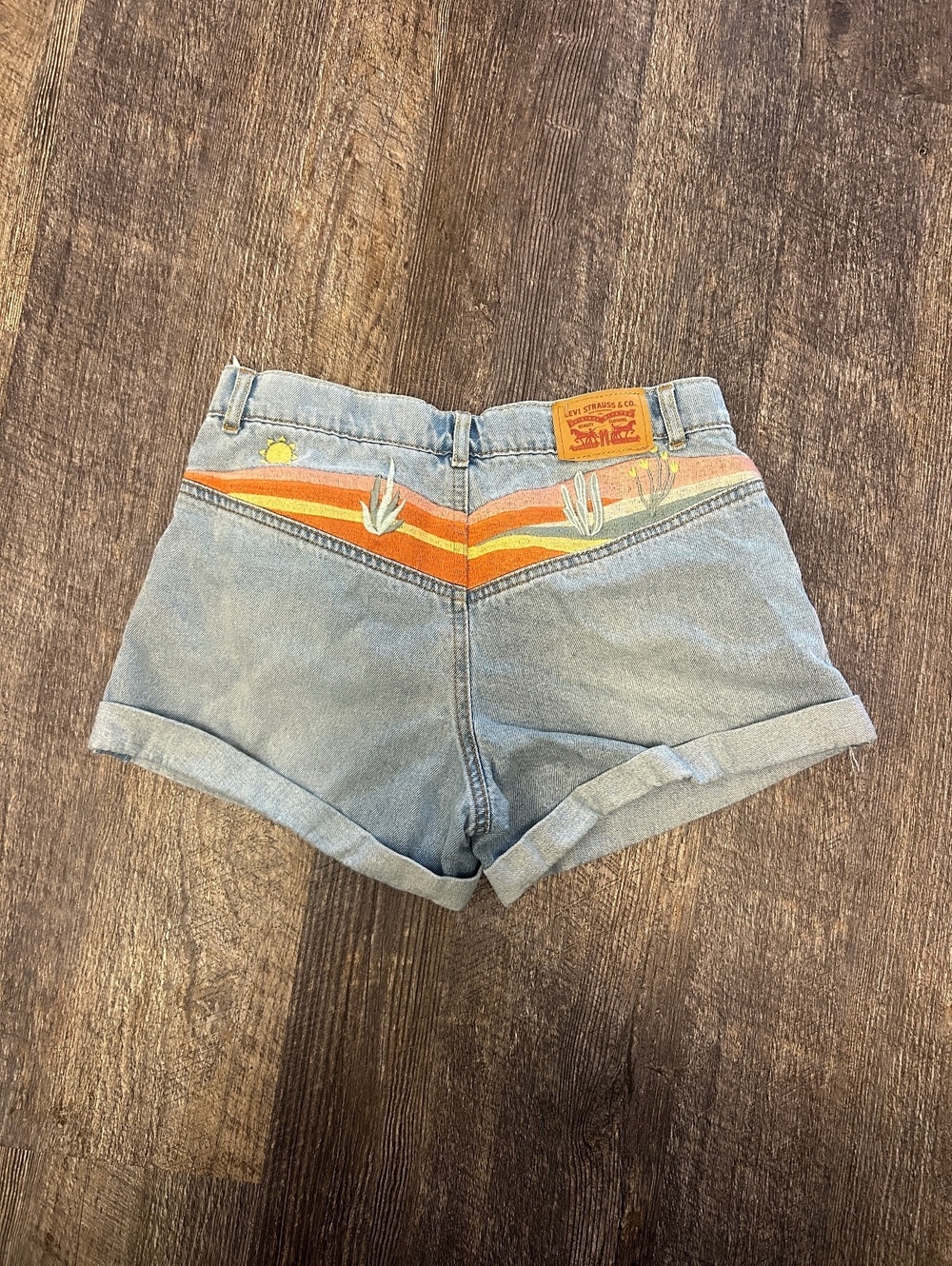 Levis Mini Mom Shorts Girls 16 Womens 0 2 Denim Embroidered Cactus Desert Wester